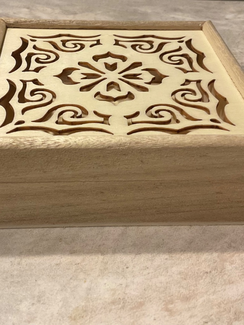 Wooden Box Laser Cut Design Hinged Lid New 5” square - Picture 9 of 10